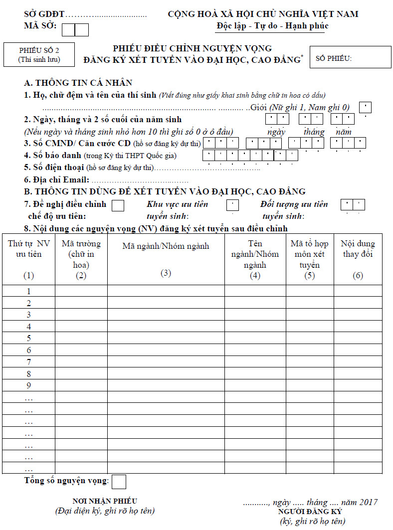 Phiếu điều chỉnh nguyện vọng xét tuyển ĐH - CĐ 2017